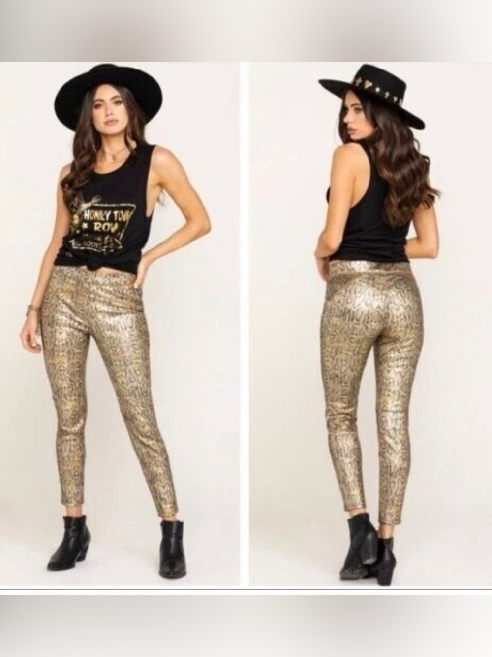 FREE PEOPLE Metallic GOLD Animal SNAKE Print faux leather LEGGINGS Pants L NWOT